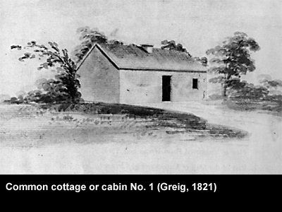 Illustration of a cottage by Greig in 1821. Crown copyright.